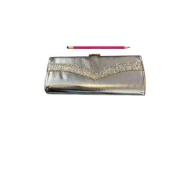 Vintage Silver Glitter Chevron Evening Clutch Purse Metallic Glam Bag - Picture 4 of 5